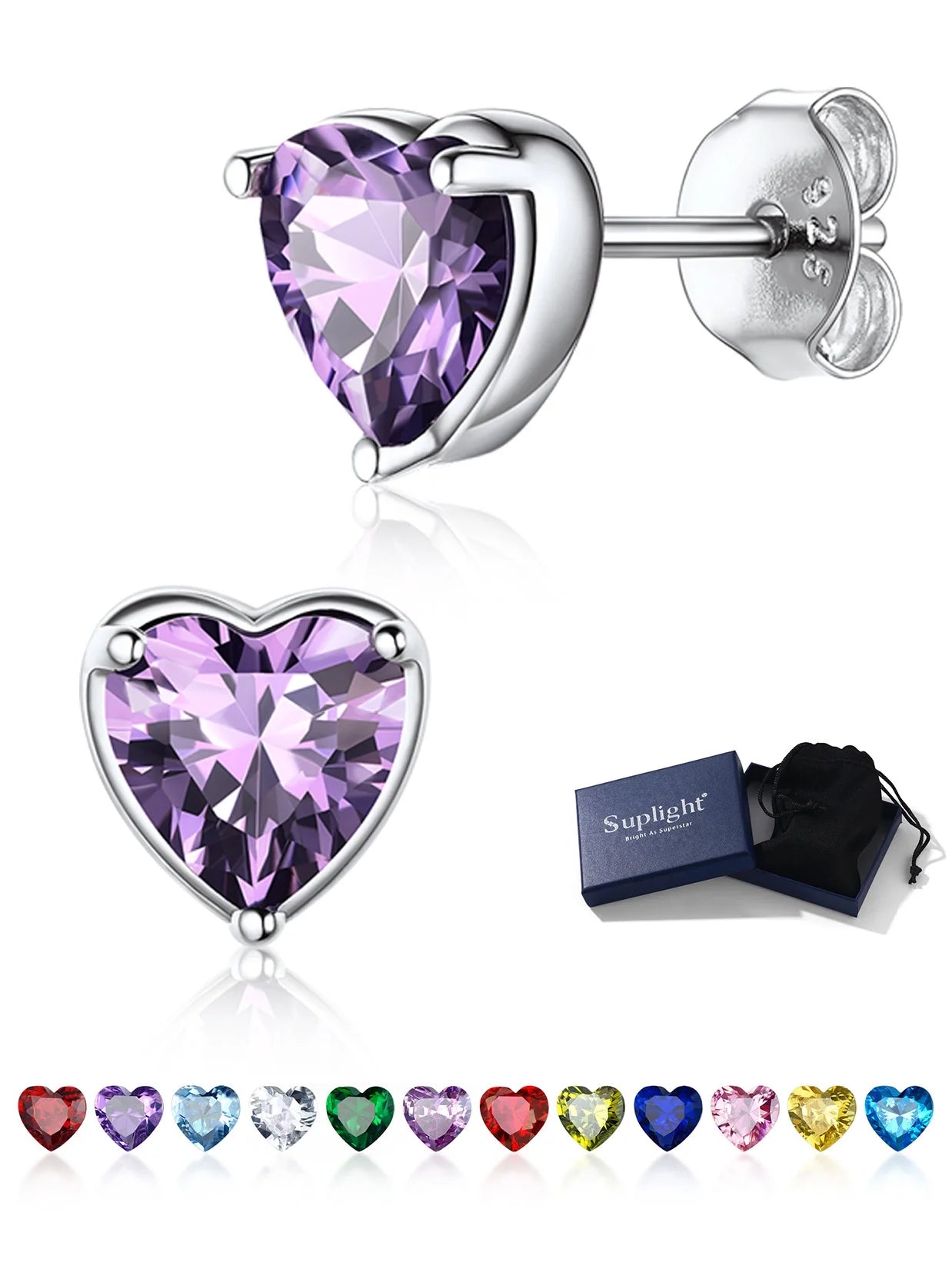 Aretes De Plata Para Mujer Aretes De Botón De Corazón De Plata Esterlina 925 Con Piedra De Nacimiento Regalo De Joyería De Cumpleaños